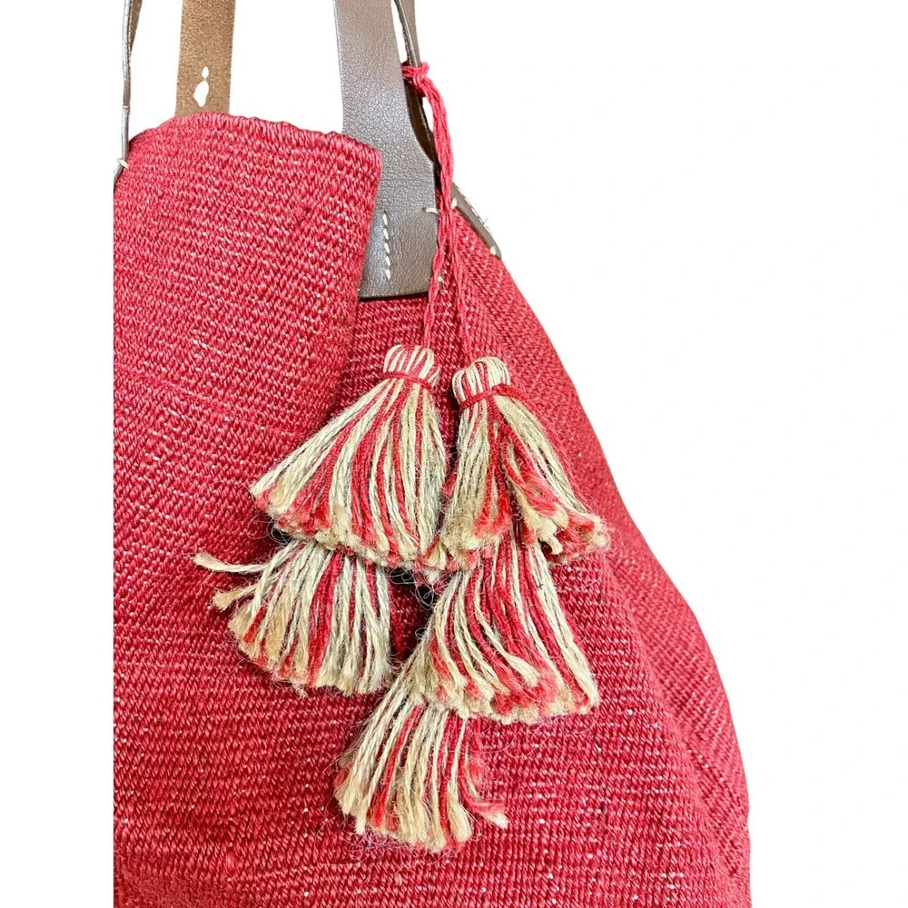 J JILL Jute Woven Leather Tote Bag Red Straw Tassel Boho Beach Summer Vacation